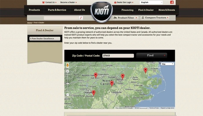 Screenshot of Kioti Tractors - Find a KIOTI Dealer