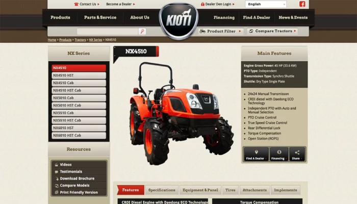 Screenshot of Kioti Tractors - Product Page - NX4510 Utility Tractor