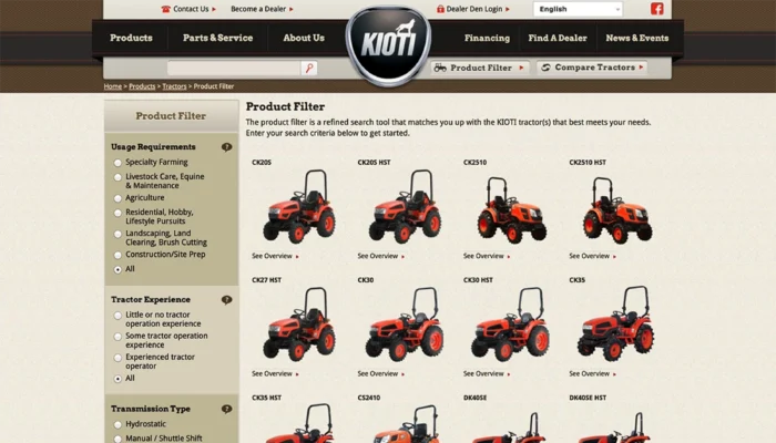 Screenshot of Kioti Tractors - Product Filter - All