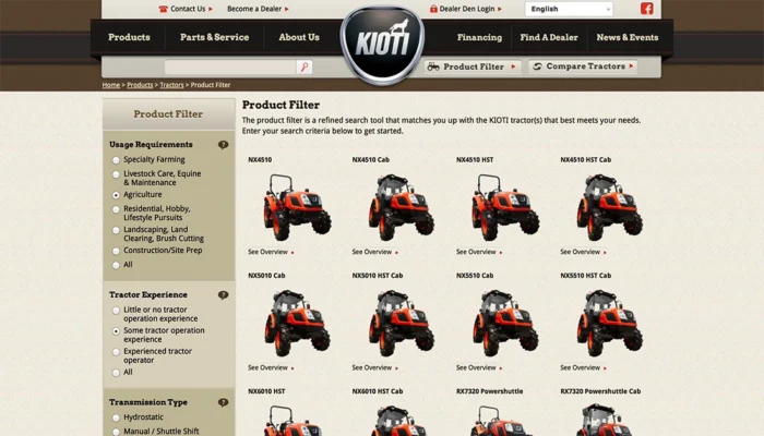 Screenshot of Kioti Tractors - Product Filter - Filtered