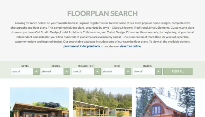 Screenshot of Lindal Cedar Homes - Floorplan Search