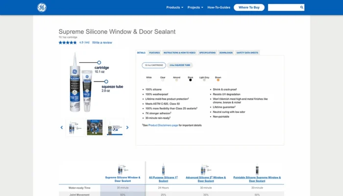 Screenshot of GE Sealants | Product Page